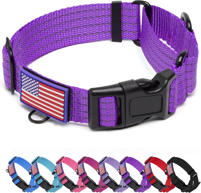 Martingale Dog Collar Reflective NO Pull with USA Flag, M, Purple