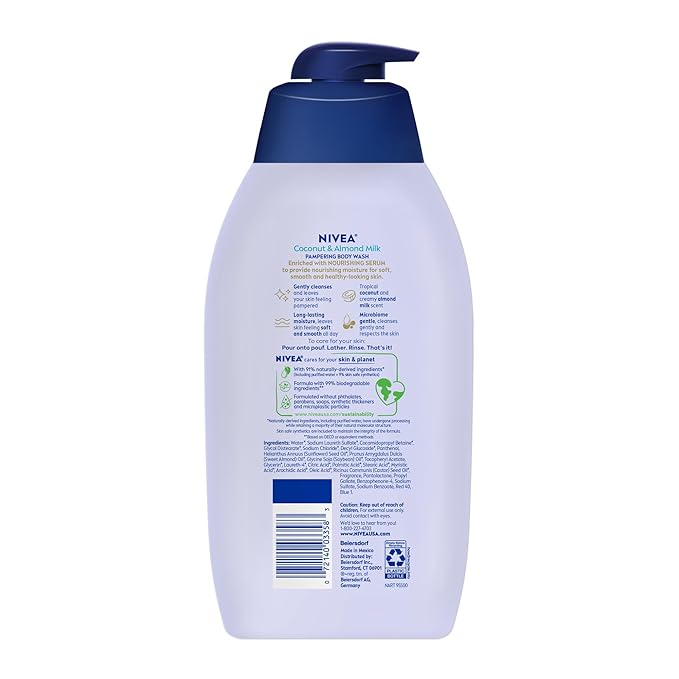 NIVEA Pampering Coconut and Almond Milk Body Wash with Nourishing Serum,Moisturizing Body Wash for Women,Enriched with Provitamin B5 and Vitamin E,20 Fl Oz Bottle,(Pack of 6)