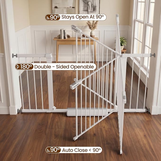Mumeasy 36-58" Extra Wide Baby Gate for Stairs, 30" Tall Walk Through Dog Gate for Doorways & Hallways, Auto Close Pressure Mounted Safety Gate for Toddlers & Pets, Dual Swing Child Gate Indoor, White