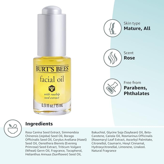 Burt's Bees Gua Sha Face Oil With Rosehip Seed Extract,Reduces Appearance of Fine Lines and Wrinkles,Use with Ice Roller & Facial Tools,Natural Origin Skin Care,0.51 fl. oz.,(Pack of 2)