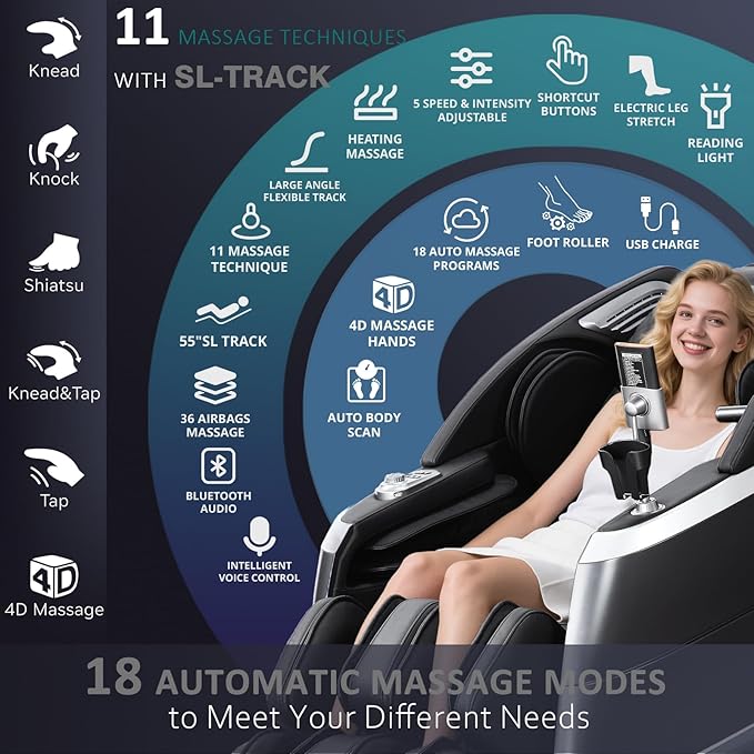 4D Zero Gravity Massage Chair with Deep Tissue Knead & Body Scan - 55" SL-Track Full Body Shiatsu Massage Recliner with Heating, 36 Airbags & Voice Control - 18 Auto Modes & 11 Techniques (Black)