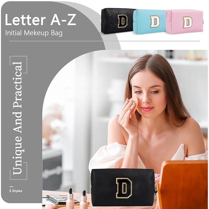 Personalized Initial A-Z Preppy Patch Makeup Bag,Small PU Chenille Letter Cosmetic Bag with Zipper for Teen Girls,Black Cute Toiletry Organizer Bag,Monogram Makeup Case Gift for Women Girls,Letter D
