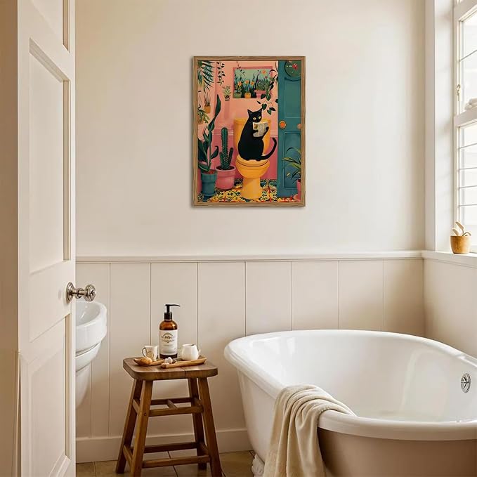 Funny Black Cat Bathroom Wall Art Whimsical Cat Reading Newspaper on Toilet Wall Decor Picture Cute Animal Bathroom Poster Canvas Painting Prints for Restroom 12x16 inch Framed