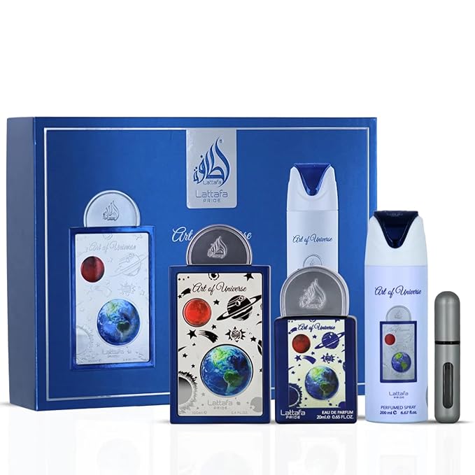 Lattafa Pride Art of Universe – Citrus, Fruity, Sweet, Amber – 3-Piece Gift Set for Unisex (3.4 oz Eau de Parfum Spray + 0.65 oz Eau de Parfum Spray + 6.67 oz Deodorant Spray)