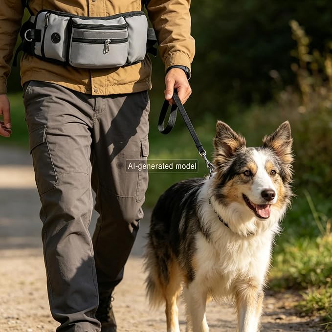 Dog Walking Fanny Pack, Dog Treat Pouch for Training, Large Capacity Pet Treat Bag with Poop Bag Dispenser and Water Bottle Holder, Adjustable Strap (Gray)