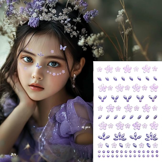 Purple Flower Face Tattoo Sticker - 172+pcs Summer Face Jewelry for Girls- Self-Adhesive Rhinestones for Eyes, Face, Nail Body – Festival Halloween Christmas Cosplay Makeup Decoration (purple)