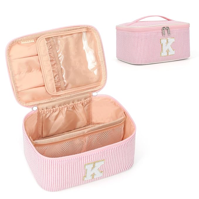 OCHEAL Makeup Bag Valentines Day Gifts for Women, Monogram Cosmetic Bag Pink Travel Makeup Case Beauty Toiletry Bag Organizer Personalized Gifts for Girls Bridesmaid, Sister, Wife, Friends Initial K