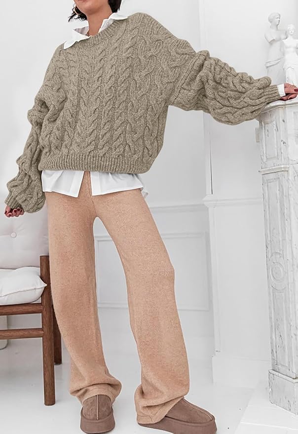 PRETTYGARDEN Womens Sweaters Spring 2026 Cable Knit Long Sleeve Crewneck Oversized Sweater Chunky Pullover Loose Outfits