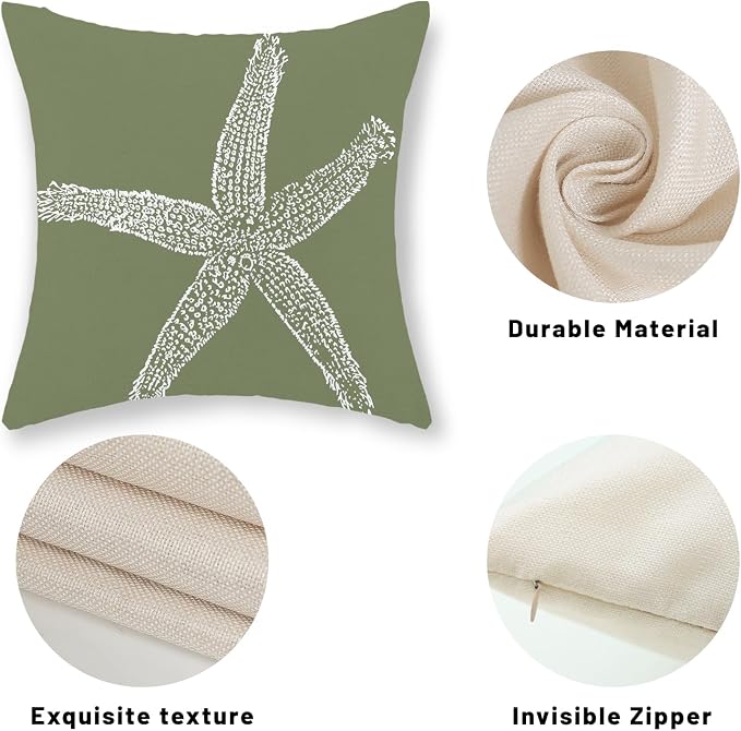 Coastal Pillow Covers 18x18 Set of 2 Sage Green Coral Starfish Throw Pillows Nautical Ocean Decorations Spring Summer Beach Pillowcase Outdoor Decor Linen Farmhouse Cushion Case for Home Sofa
