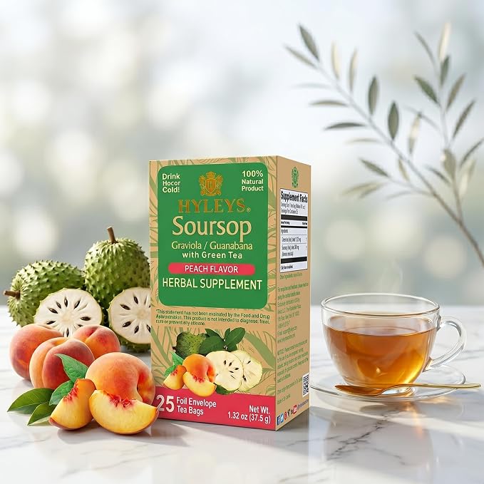 HYLEYS Organic Green Tea with Soursop Flavor, 25 Individually Wrapped Tea Bags - USDA Organic Graviola Guanabana Tea with Light Caffeine