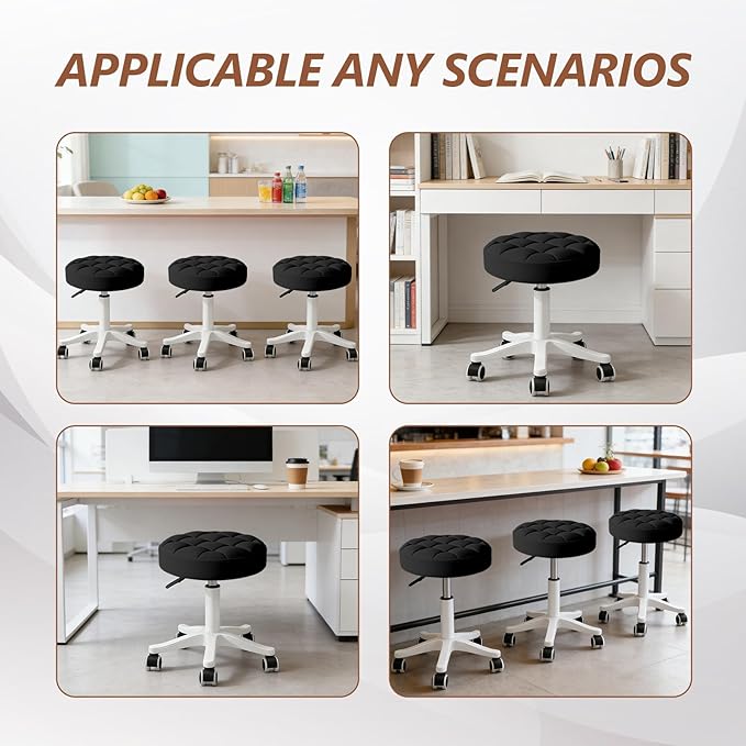 Small Rolling Stool with Wheels, PU Leather Height Adjustable Vanity Work Task Stool, 360 Swivel, Padded Seat Cushion, for Salon, Home, Office
