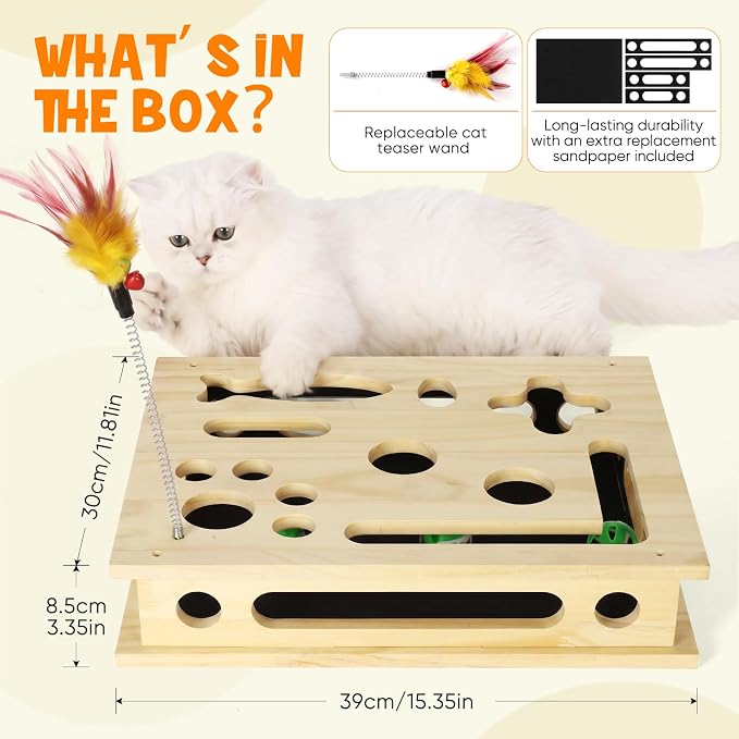 SENNOVI Large Wooden Cat Puzzle Feeder & Scratcher Box, Interactive Toy