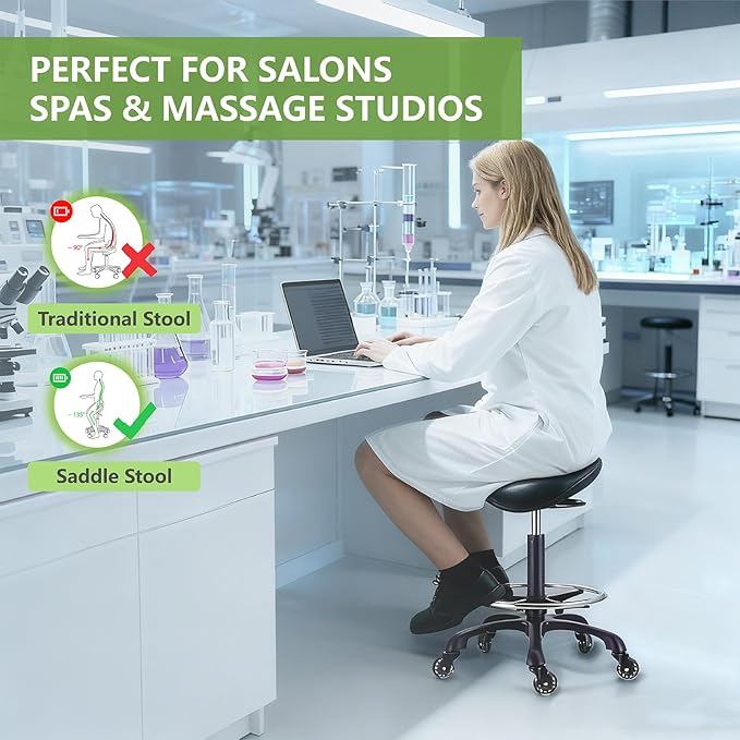 Saddle Salon Stool with Footrest,Heavy Duty, Adjustable Height, Rolling Esthetician Chair for Tattoo Spa Medical Dentist Clinic (Black)