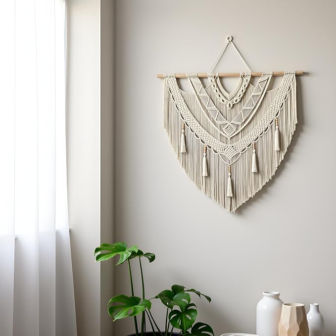 guzhiou Large Macrame Wall Hanging, Boho Woven Tapestry Decor Art, 43"x40" | Handmade bohemian woven tapestry for bedroom, living room, apartment. Perfect Boho style wall decor art for weddings, parties