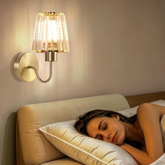 Wireless Sconces Wall Decor Set of 2 for Room Easy to Install | Rechargeable Battery Operated Light Bulbs 10000mAh Remote Control Timer Dimmable 15RGB Modern Gold Crystal Lampshade