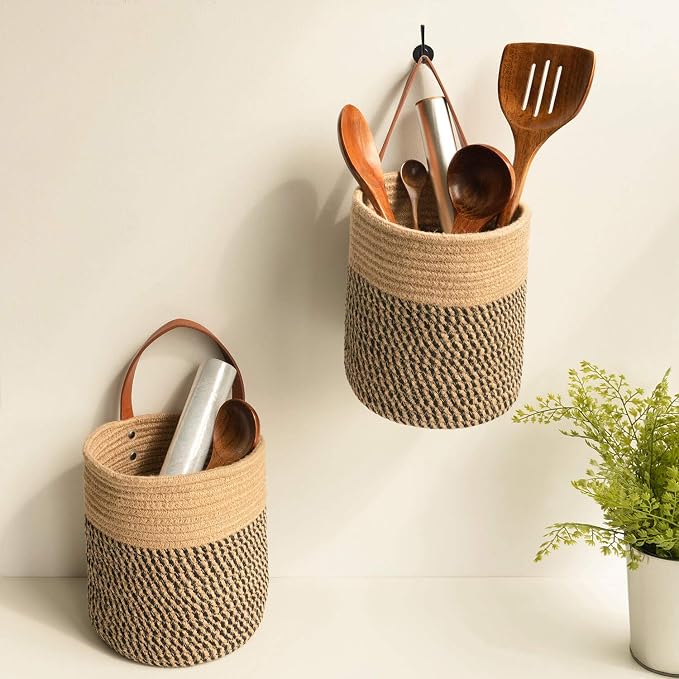Goodpick 2 Pack Jute Rope Wall Hanging Storage Baskets for Home Decor | Boho Woven Hanging Plant Basket Decor, Decorative Basket for Home, Size 7.87×7×11.7 Inches for Wall Flower & Home Storage