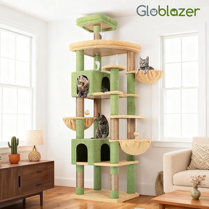 Globlazer Extra Large Cactus Cat Tree Tower, 82in Tall Heavy Duty Cat Tree for Indoor Cats Large Adult Big Cat Tower with 8 Scratching Posts, 2 Cat Condos, 2 Top Perches, 3 Hanging Baskets, S82, Green