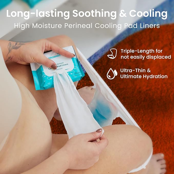 Grownsy 13pc Postpartum Essentials Recovery Kit | Postpartum Kit for Women | 8 Self-Absorbent Postpartum Disposable Underwear, 2 Ice Packs, Peri Bottle, Perineal Spray & 28 Cooling Pad Liners