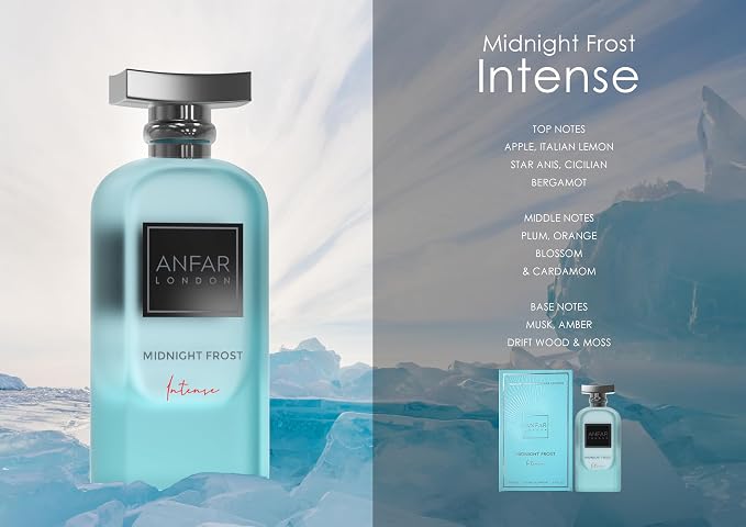 Anfar London Midnight Frost Intense, Pour Homme, Perfume Extrait de Parfum for Men, 3.4 fl oz, Apple, Lemon, Plum Notes,100ml