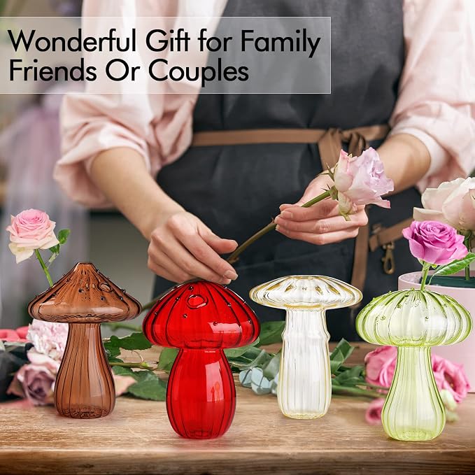 4 PCS Mushroom Shaped Glass Vase, Planters Clear Hydroponic Vase, Flowers Plants for Decorative Centerpiece,Table Decor,Home Wedding Party (4 Color)