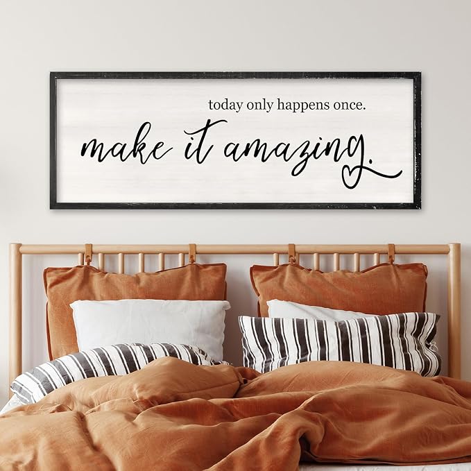 RLWangChao Today Only Happens Once Make It Amazing Wall Art 32"X12" Black | Large Inspirational Quote Sign Rustic Living Room, Vintage Wood Frame, Office Motivational Home Wall Hanging Decor