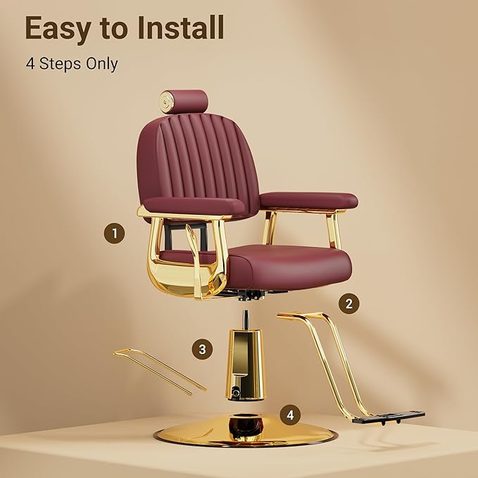 Baasha Burgundy & Gold Reclining Salon Chair - Vintage Hydraulic Barber Chair with Removable Headrest - Heavy Duty All Purpose Styling Chair for Lash, Braiding & Tattoo - Wide Seat, 440 lbs Cap.