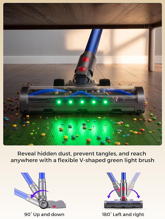 Cordless Stick Vacuum Cleaner, 600W 55Kpa 70Mins for Home, Pet Hair, Carpet | Self-Standing, Anti-Tangle Brush, Touch Screen, 6-in-1 Vacuum Cleaner, Green LED Dust Reveal, HEPA Filter, 1.5L Cup for Floor