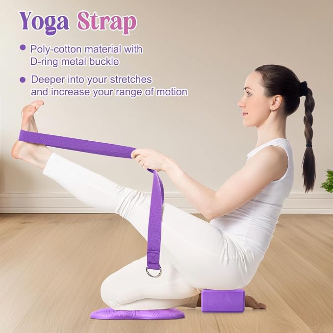 RoundFunny 5 Pcs Yoga Blocks Knee Pads Yoga Strap Set Soft Premium Foam Blocks Accessories for Pilates Meditation General Fitness Stability, Kneeling, Balance, Deepen Stretches and Toning