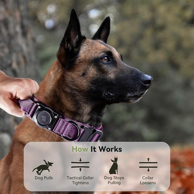 2026 Upgrade Waterproof Tactical AirTag Dog Collar, Built in AirTag Holder | Comfortable Control Handle, Quick Release Metal Buckle, Durable 1000D Nylon, For Medium to Large Dogs, Purple, XL