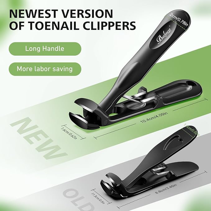 BALUCA Ergonomic Toenail Clippers for Thick Nails for Seniors, Angled Head Large Toe Nail Cutter for Men,Long Handle Nail Clippers with Catcher, Black