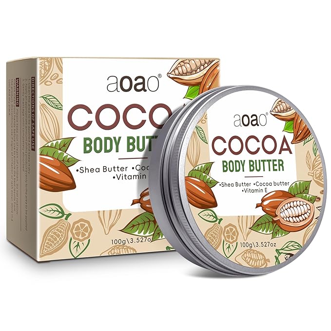 AOAO Cocoa Body Butter for Rough Flaky Skin, Shea Butter & Vitamin E Daily Moisturizer Absorbs Rapidly, Deep Hydrating Treatment, Provides Long-Lasting Nourishment for Silky Smooth Skin, 100g/3.5oz