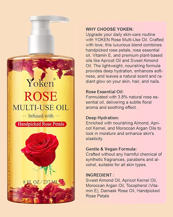 Multi-Used Body Oil For Skin,Face,Hair and Nails,Multi Purpose Organic oil With Rose Petals,Vitamin E & Almond Oil Nourishing & Hydrating,Body Oil for Moisture & Skin After Bath Oil,8 Fl Oz