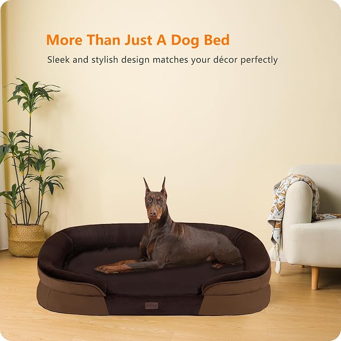 Dwanton Orthopedic Waterproof XX-Large Dog Bed Sofa, Gel Memory Foam, 48" | Egg-Crate Foam Dog Sofa, Washable Pet Bed with Four Sided Bolster Cushion, Removable Cover & Non-Slip Bottom, Brown
