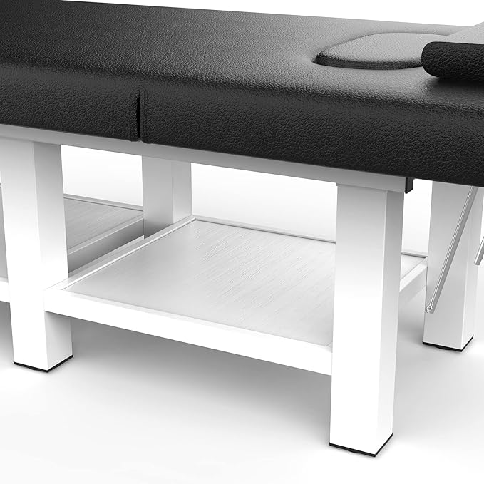 Black Wide Stationary Massage Table with Backrest for Treatment Table Physical Therapy Table Spa Facial Bed, Metal Frame PU Leather 31.5'' Wide 75'' Long Heavy Duty Professional Stationary Massage Bed