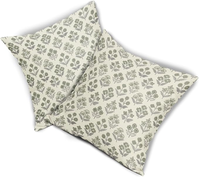 Green Grey Gray Floral Block Print Pillow Covers 18x18 Inch Set of 2, Vintage Flower Pattern Decorative Throw Pillowcases Outdoor Farmhouse Cushion Covers Spring Summer Rustic Sofa Couch Bed Decor