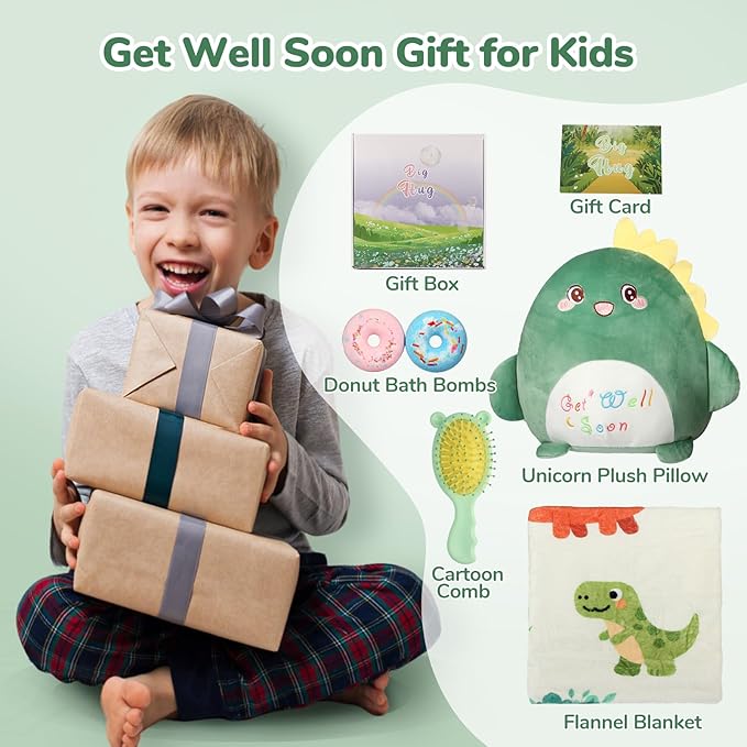 Get Well Soon Gift for Kids Boys, Feel Better Gifts for Kid, 12'' Get Well Soon Dinosaur Plush Pillow & Soft Cozy Flannel Throw Blanket, Dinosaur Gifts Set for Boy, Kids Get Well Baskets