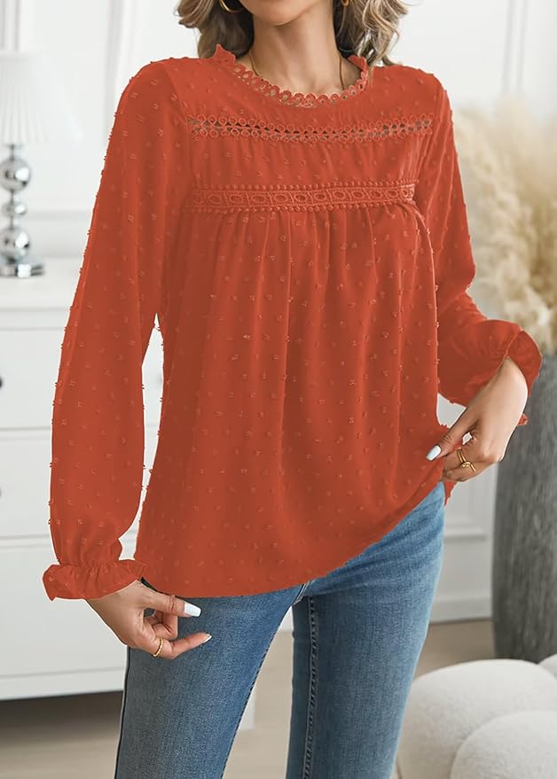 Womens Boho Tops Long Sleeve Shirts For Women Cute Crewneck Blouse Dressy Casual Swiss Dot Crochet Hollow Top 2026