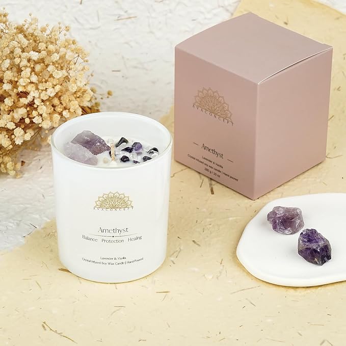 Healing Crystal Candle, Scented Candle Infused Amethyst and Clear Quartz Crystals, Lavender & Vanilla Scented,Positivity Energy Wellness, Gift for Women Aromatherapy Clean Vegan 10Oz Jar