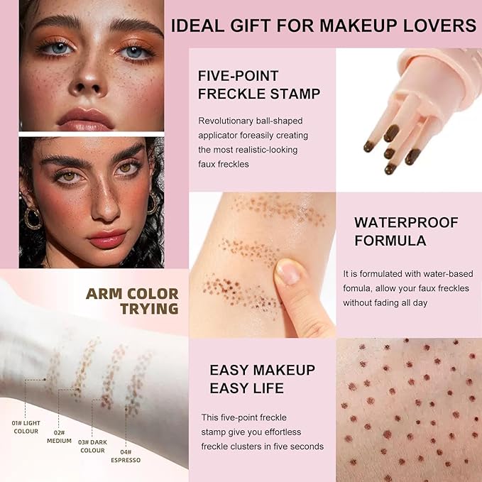 Freckle Stamp with 5 Point Precision Stamp Head, Natural Looking Faux Freckle Stamp Waterproof Fake Freckle Stamp Pen, High Pigment Long-Lasting Lifelike Sunkissed Pencil Tool Makeup (04# Espresso)