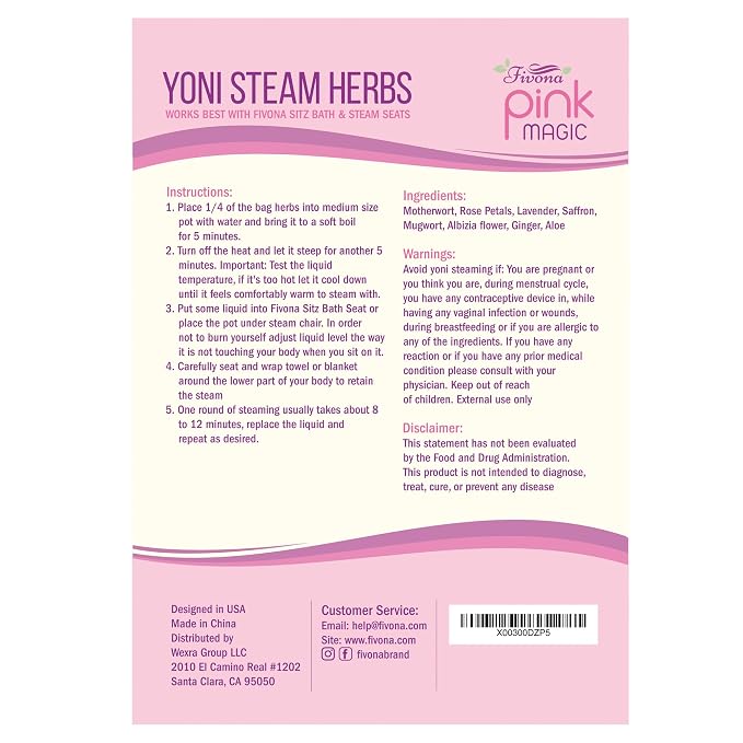 Fivona Yoni Steaming Herbs for at Home V steam - Pink Magic Recipe for Detox and Cleansing Support PH Balance and Odor Control 2-4 Steam Sessions per Pack