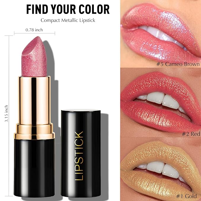 Metallic Lipstick Golden Glitter Lip Stick, Long Lasting Waterproof Shimmer Lipstick for Women Makeup Tinted Lip Balm Creamy Diamond Smooth Full Coverage Lip Color Lightweight Non Stick Cup