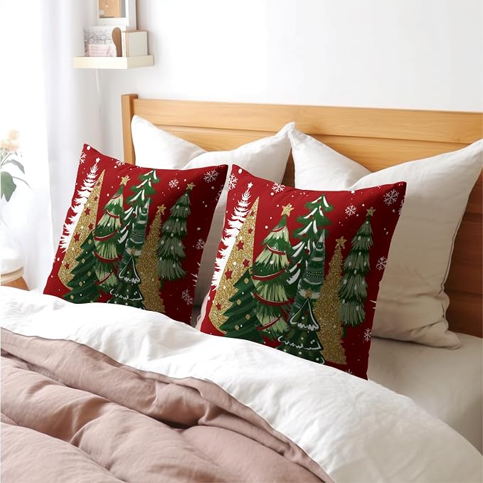 Kawani Christmas Tree Throw Pillow Covers 18x18 Inches, Set of 2 Gold Green Xmas Trees Red Decorative Square Pillowcase Cotton Linen Cushion Covers for Home Living Room Bed Sofa Car