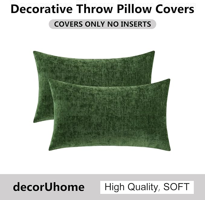 decorUhome Soft Chenille Moss Green Throw Pillow Covers 12X20 Set of 2 | Decorative Fall Couch Pillow Covers Solid Dyed Accent Modern Farmhouse Neutral Rectangle Pillow Cases for Sofa