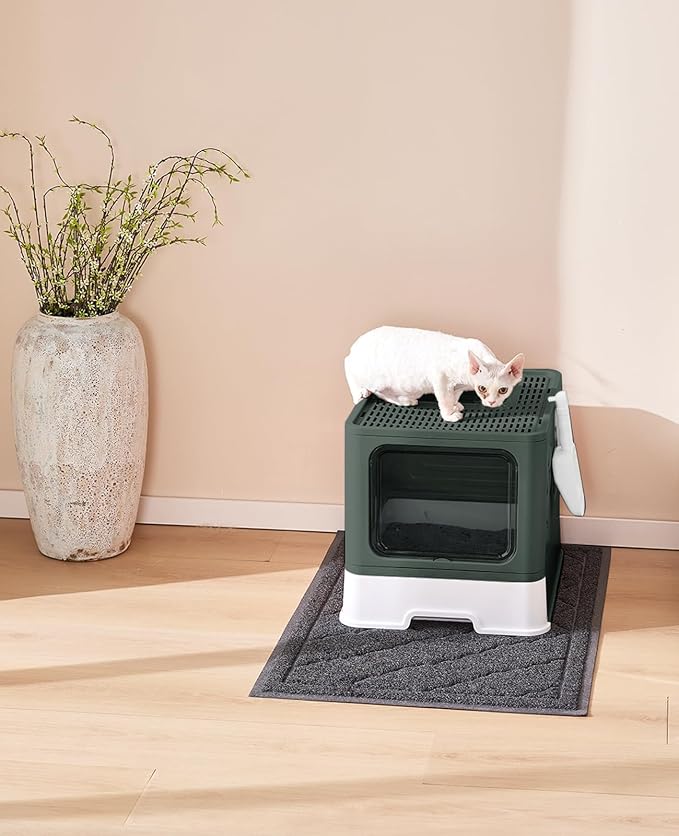 Cat Litter Box with X-Large Litter Mat and Scoop(Upgrade Olive Green) | Large Covered Litter Box with Lid, Enclosed Kitty Box,Front Top Entry Exit, Odor Control Easy to Clean