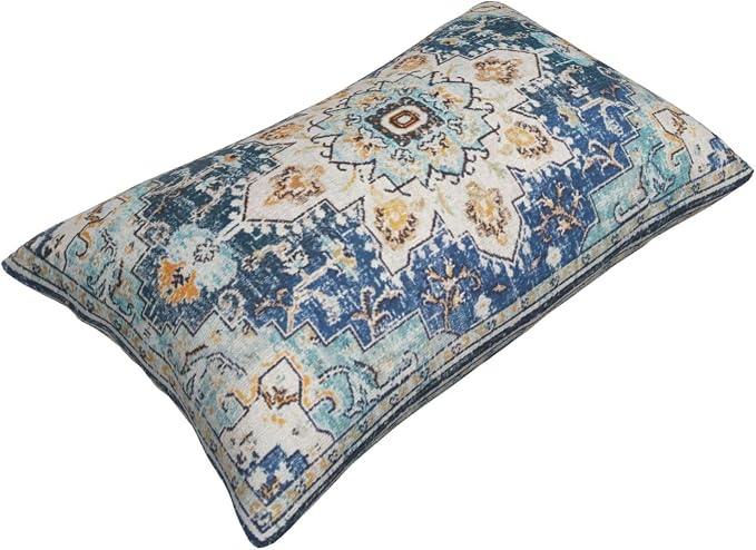 AEIOAE Boho Pillow Covers 12x20 Inch Set of 2,Carpet Pattern Throw Pillows Case,Blue Yellow Ethnic Design Outdoor Decorative Square Linen Farmhouse Decor Cushion Covers for Home Sofa Bed Couch