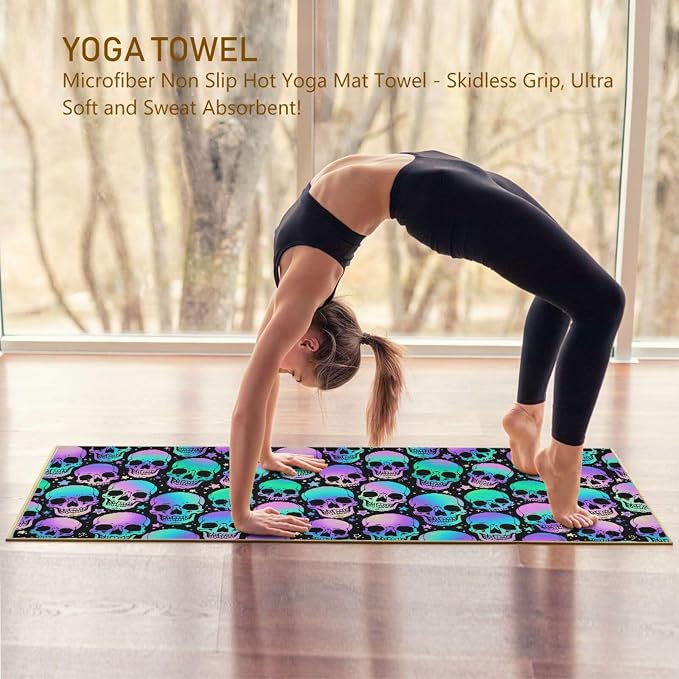 Colorful Skull Yoga Mat Towel Non Slip Soft Sweat Absorbent Hot Yoga Mat Towel, for Hot Yoga, Pilates and Workout-73 x 27 Inch