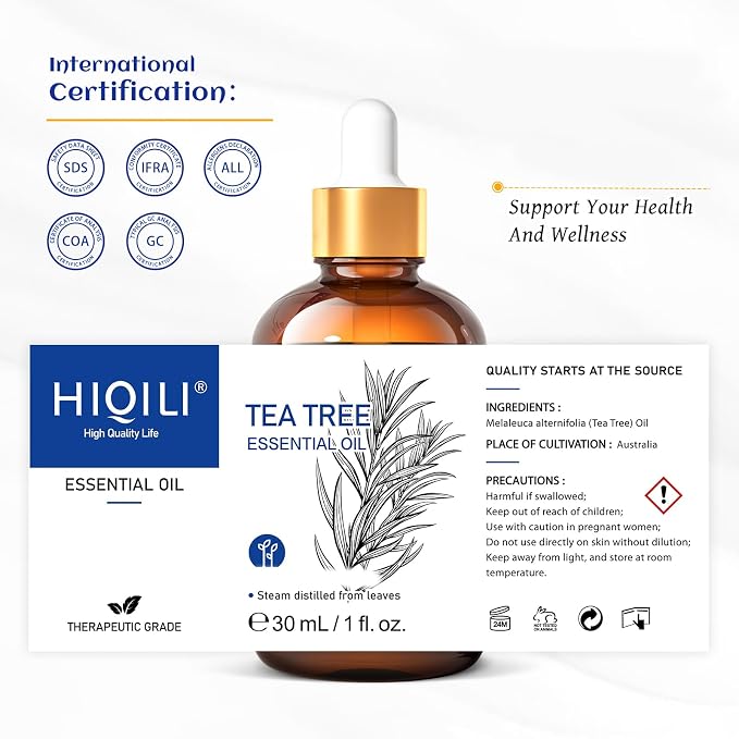 HIQILI Tea Tree Oil for Skin, Hair, Toenail | Add to Shampoo, Body Wash, Soap, Foot Soak - 30mL / 1.01 fl.oz