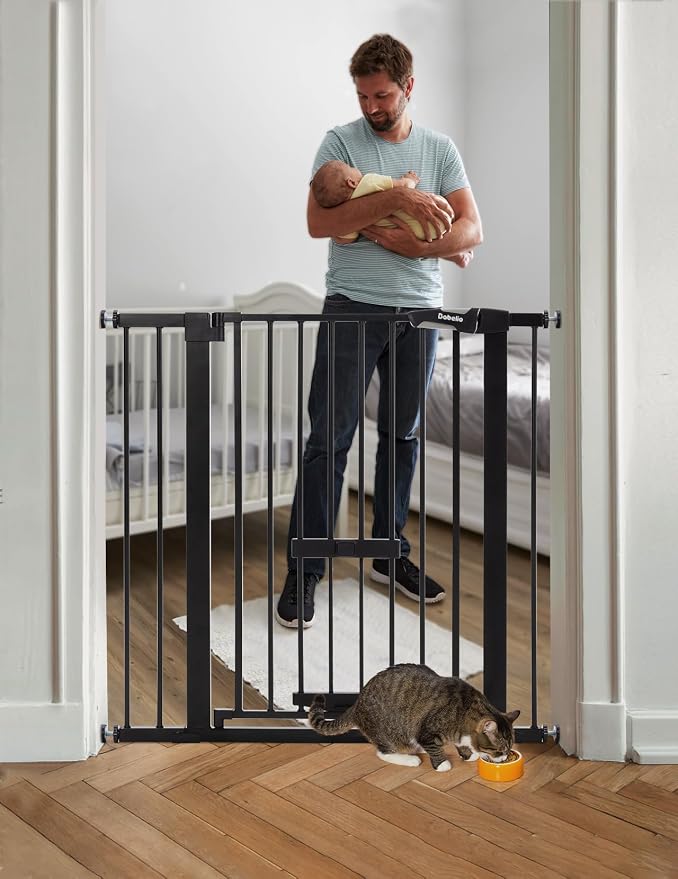 Babelio 36" Tall Baby Gate with Cat Door, CatPrivilege II, 29-48" | Extra Wide Auto-Close Pet Door for Stairs, Doorways & House, 6-Level Adjustable, Wall Cups Included, Black