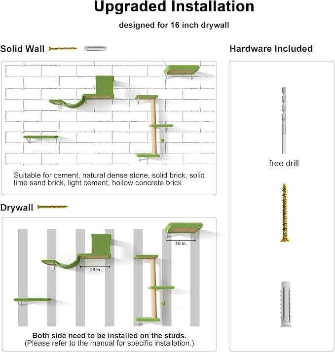 FUKUMARU Cat Wall Shelves, 4 in 1 Set, Green | Stable & Safe Cat Walls Furniture, Wooden Kitten Climbing Wall with Scratching Post for 16 Inch Drywall