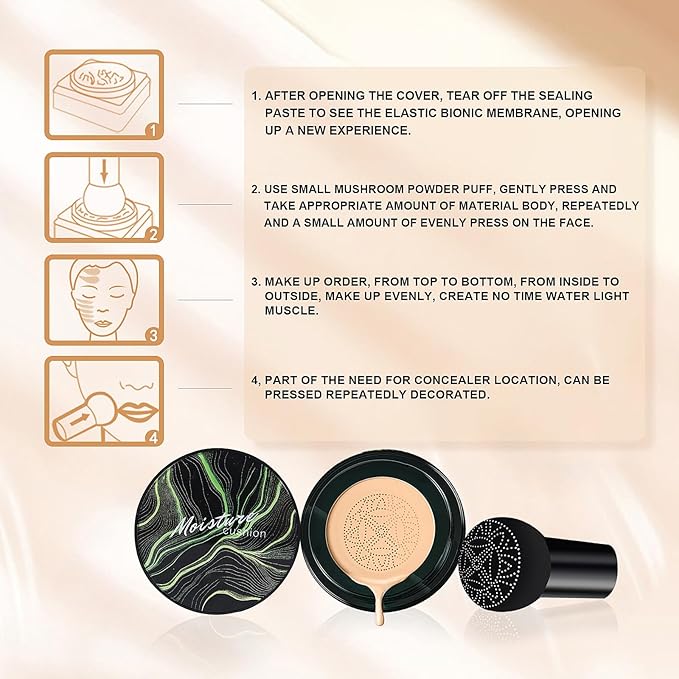 Air Cushion CC Cream Foundation - Mushroom Head BB Cream Face Makeup Moisturizing Concealer Brighten Long-Lasting, Even Skin Tone for All Skin Types (Nude, 1 PCS)